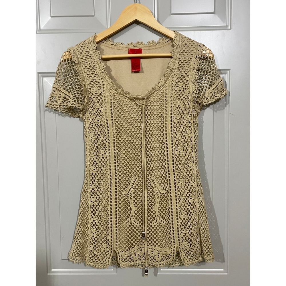 V Cristina Crochet Knit Top Women Size Medium Tan Good Boho‎ Lace Tie Front V107